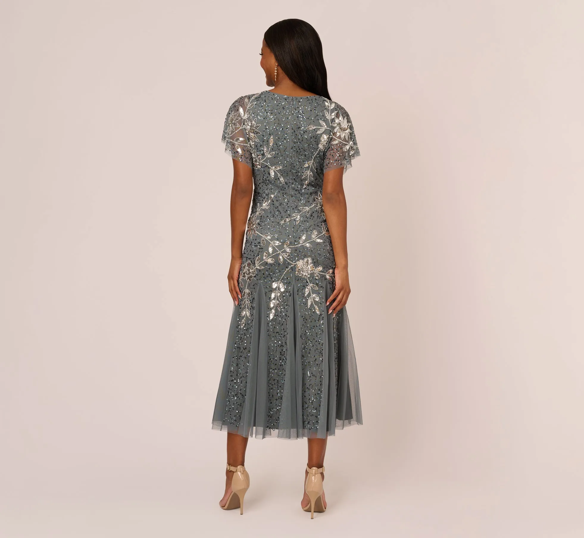 Vine Beaded Ankle Length Gown With Flutter Sleeves In Pewter Silver