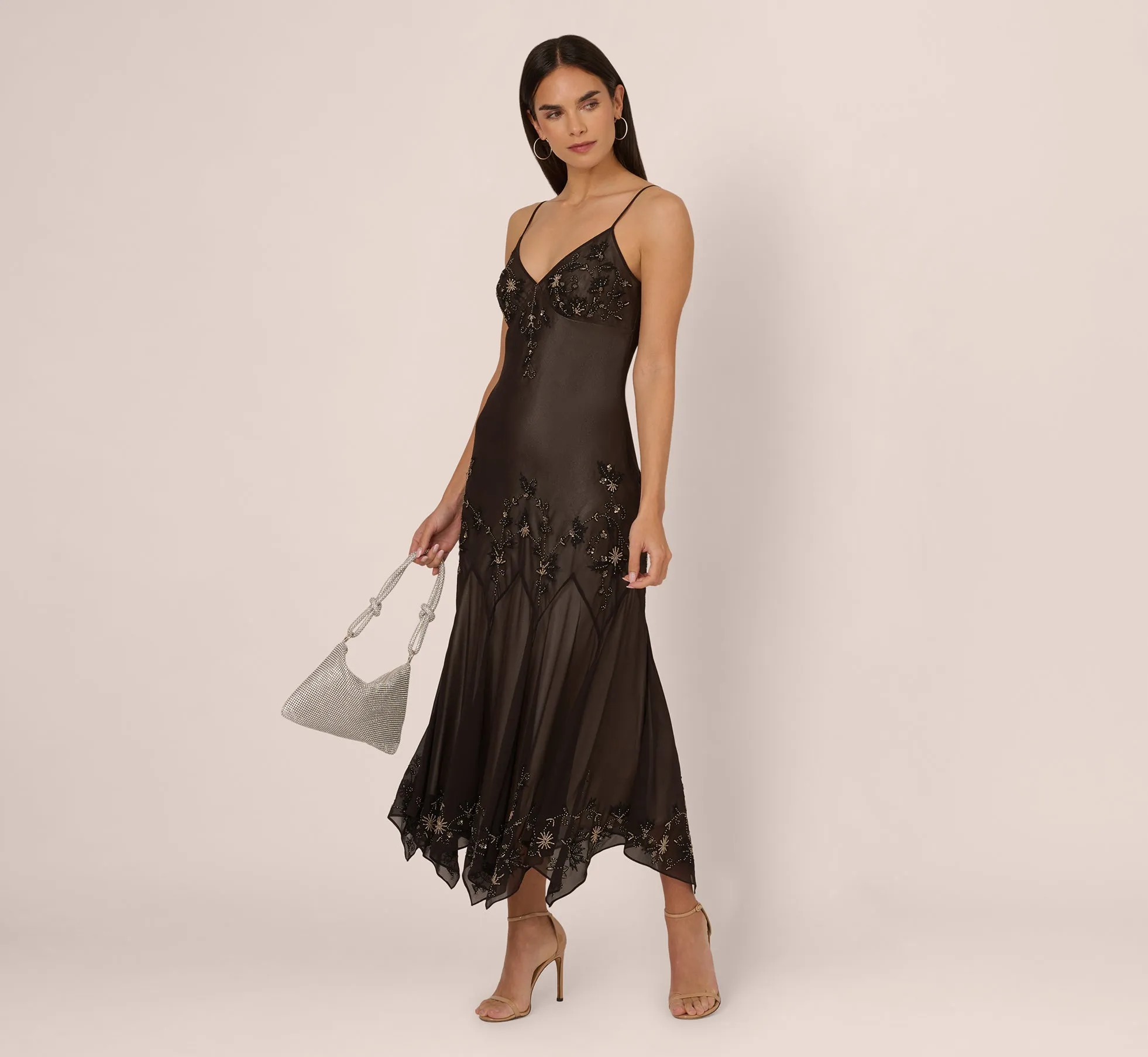 Vintage Beaded Fairy Ankle-Length Dress With Sharkbite Hem In Black Nude