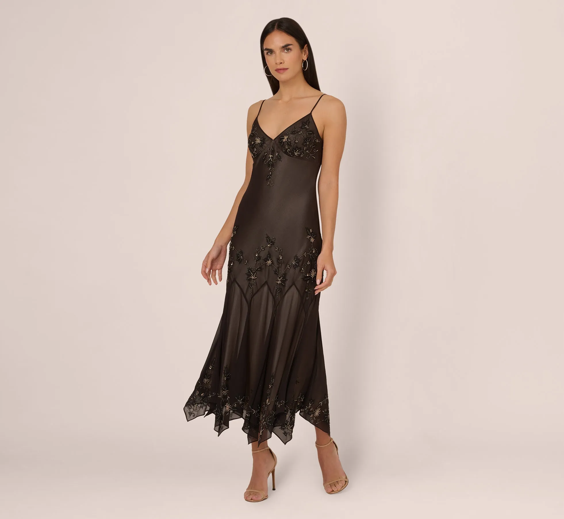 Vintage Beaded Fairy Ankle-Length Dress With Sharkbite Hem In Black Nude