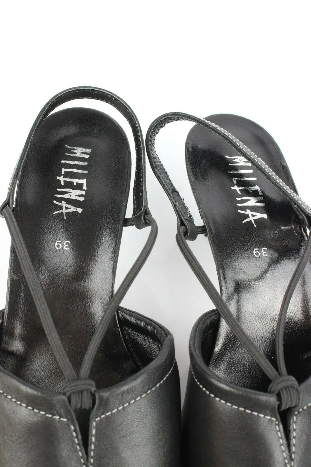 Vintage MILENA Open Court Shoes Pointed Black Leather T 39 Very Good Condition