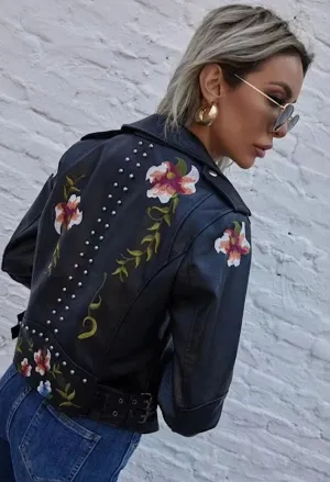 W20505650 - Faux Leather Floral Embroidery Jacket