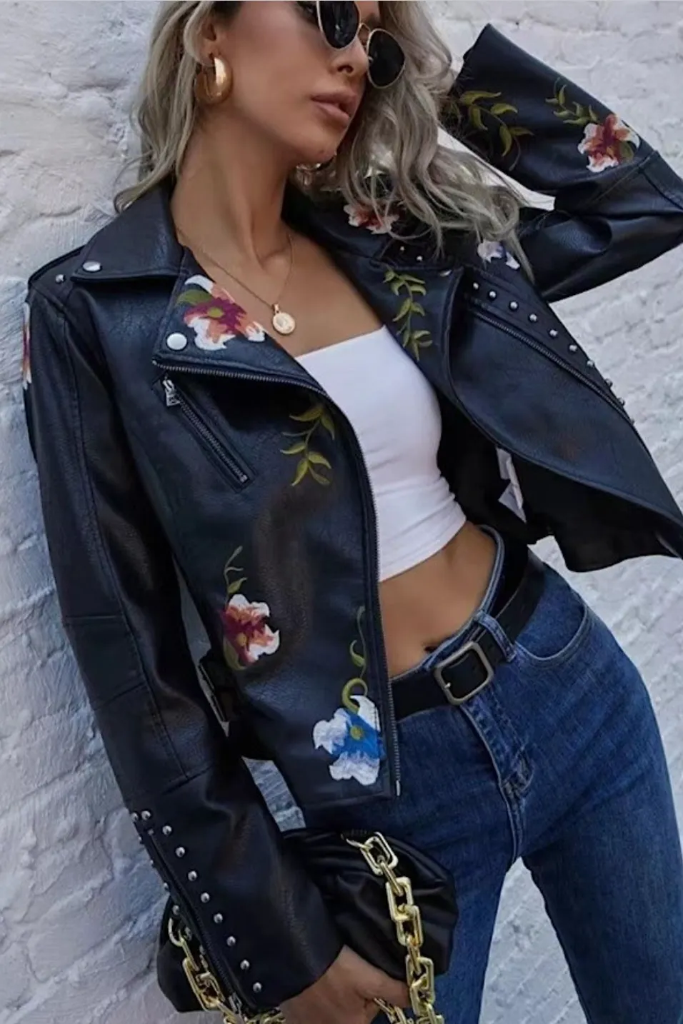 W20505650 - Faux Leather Floral Embroidery Jacket