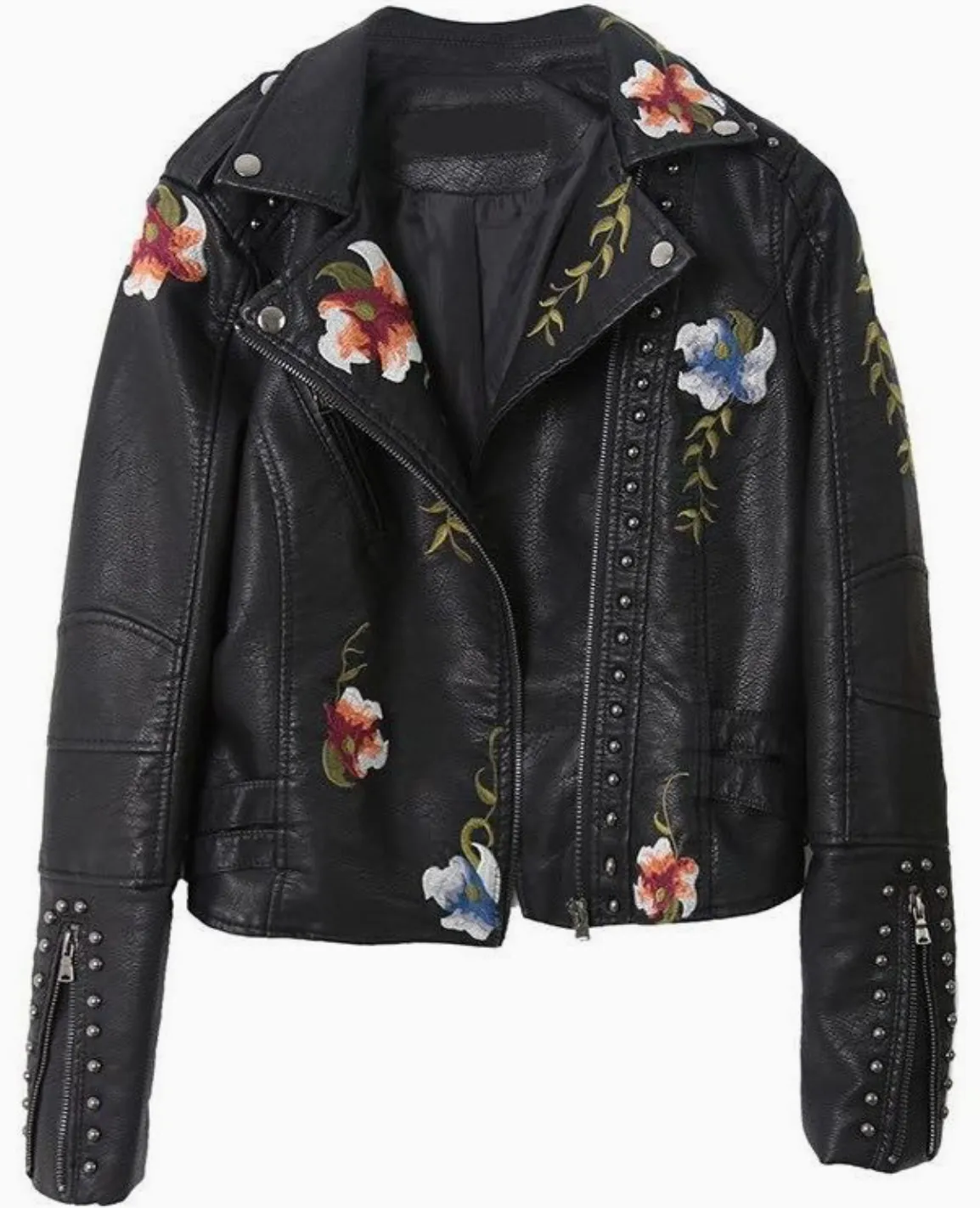W20505650 - Faux Leather Floral Embroidery Jacket