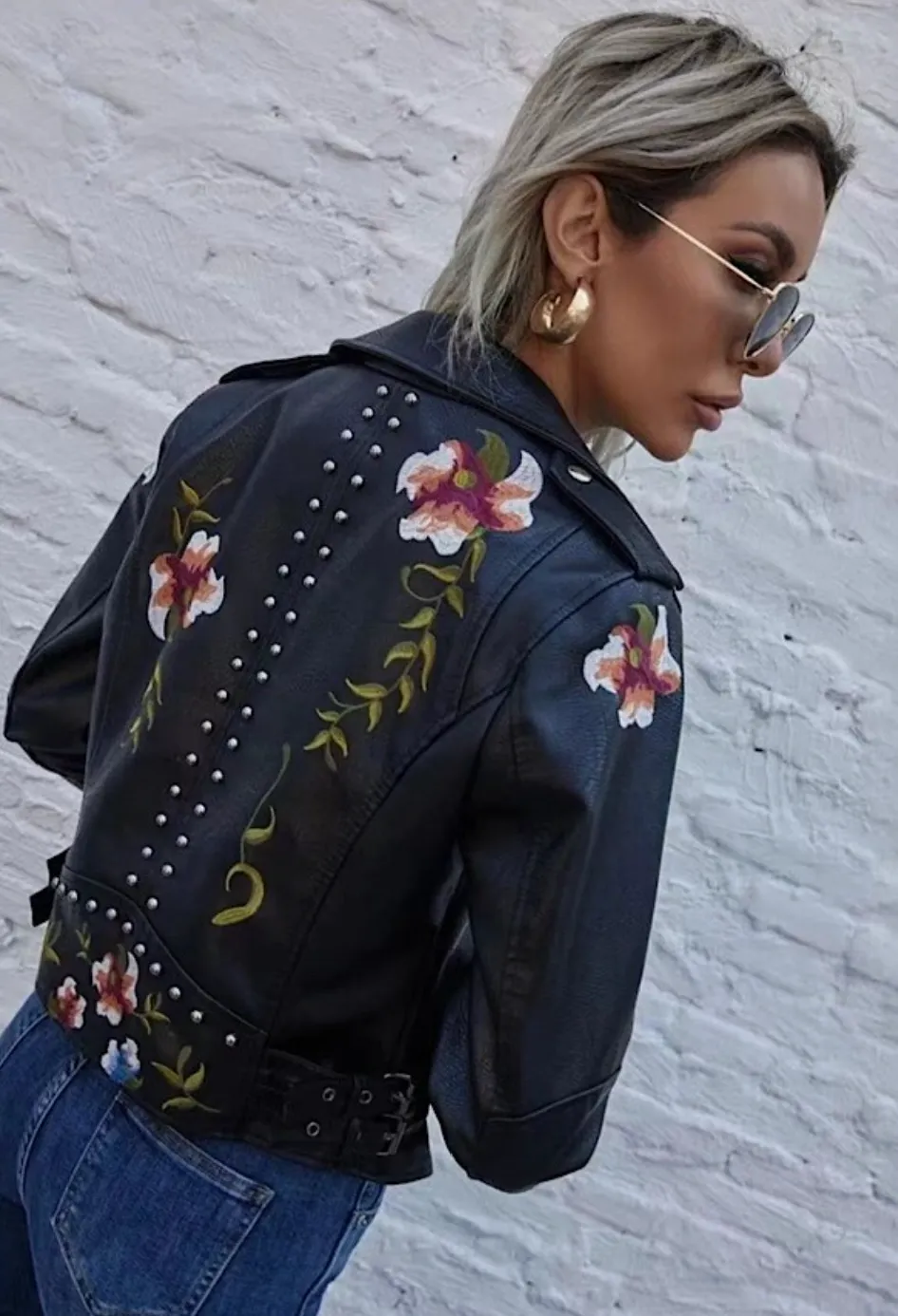W20505650 - Faux Leather Floral Embroidery Jacket