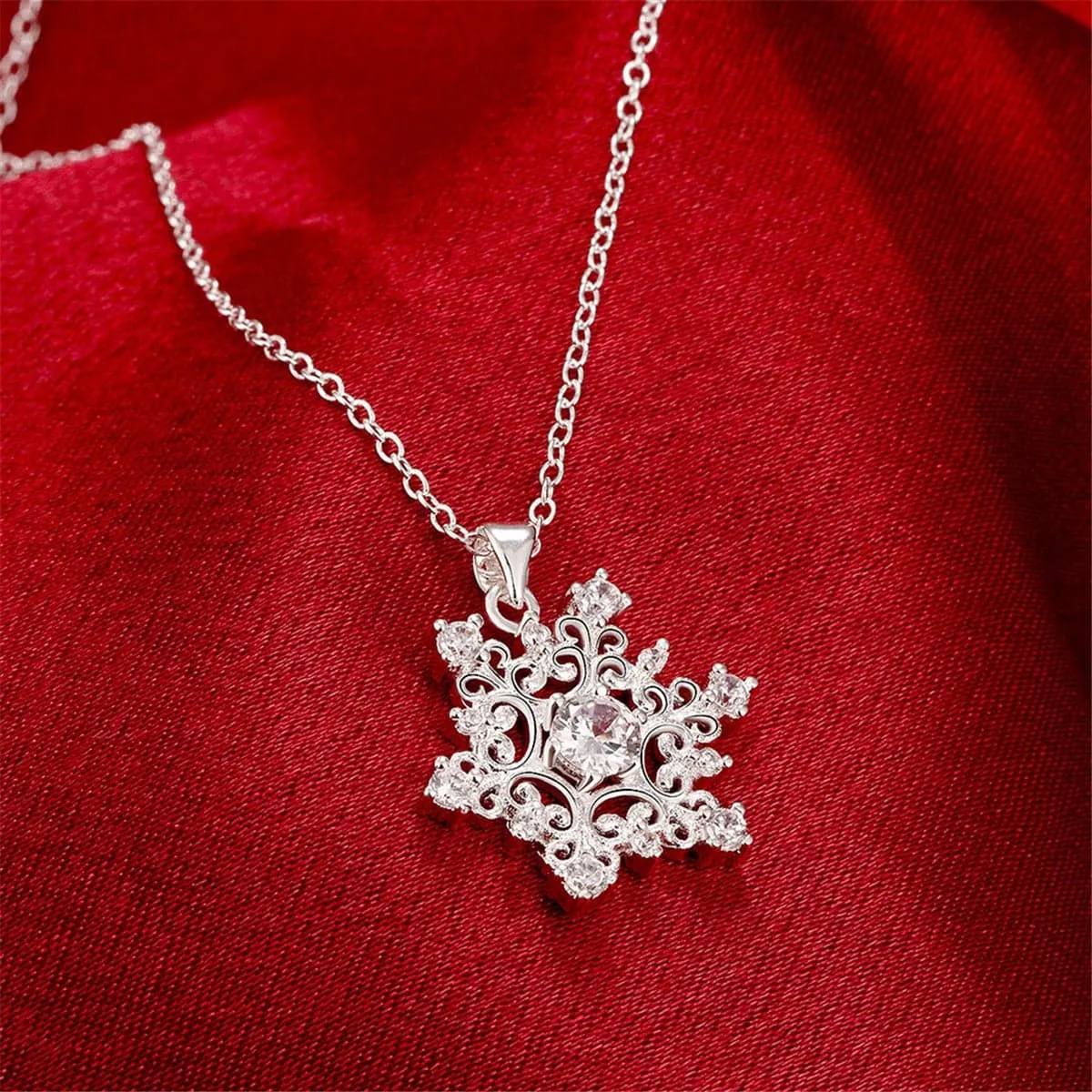 White Cubic Zirconia & Silver-Plated Snowflake Pendant Necklace