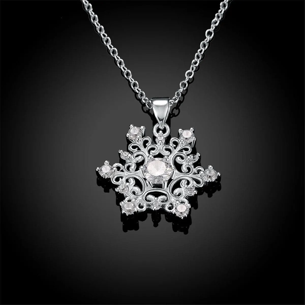 White Cubic Zirconia & Silver-Plated Snowflake Pendant Necklace