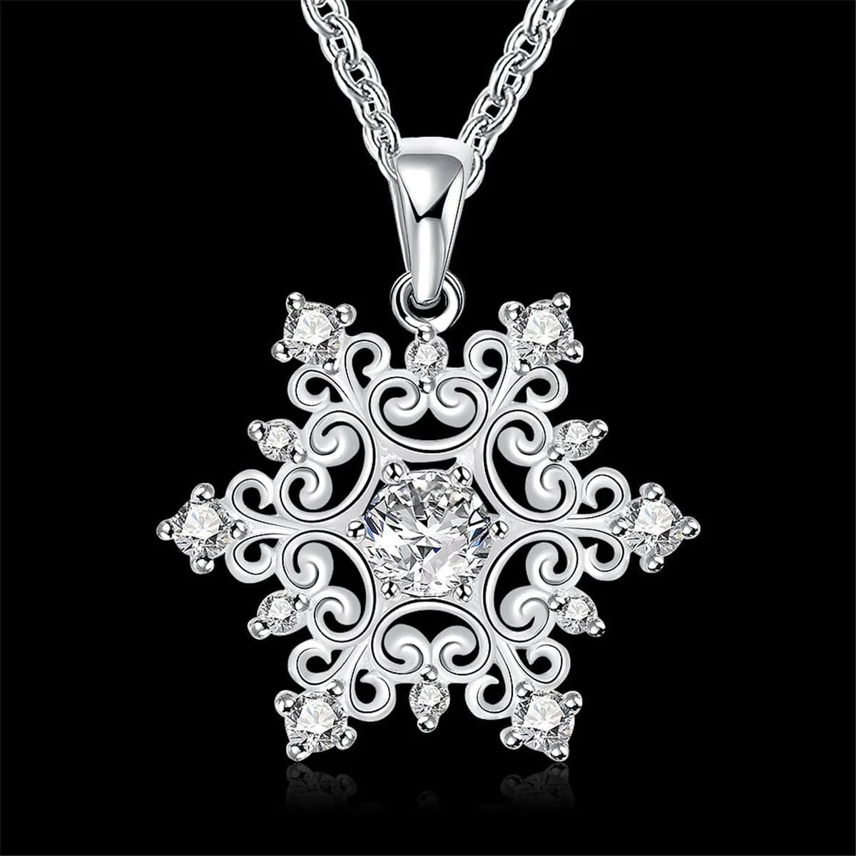 White Cubic Zirconia & Silver-Plated Snowflake Pendant Necklace