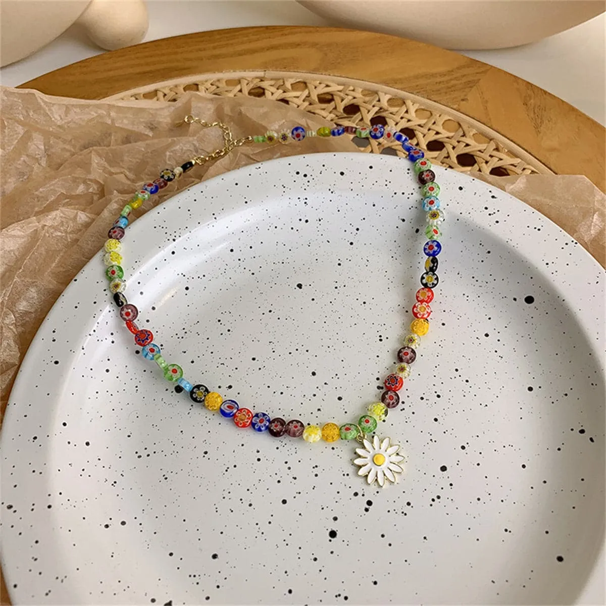 White Enamel & Multicolor Acrylic 18K Gold-Plated Daisy Pendant Beaded Necklace