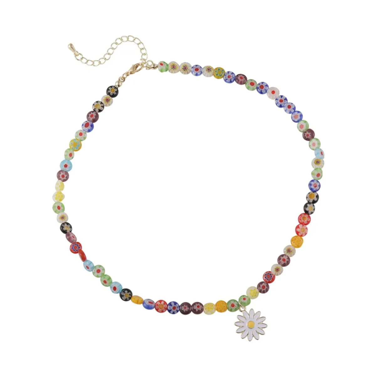 White Enamel & Multicolor Acrylic 18K Gold-Plated Daisy Pendant Beaded Necklace