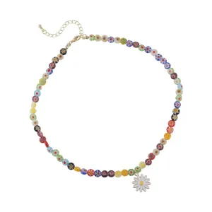 White Enamel & Multicolor Acrylic 18K Gold-Plated Daisy Pendant Beaded Necklace