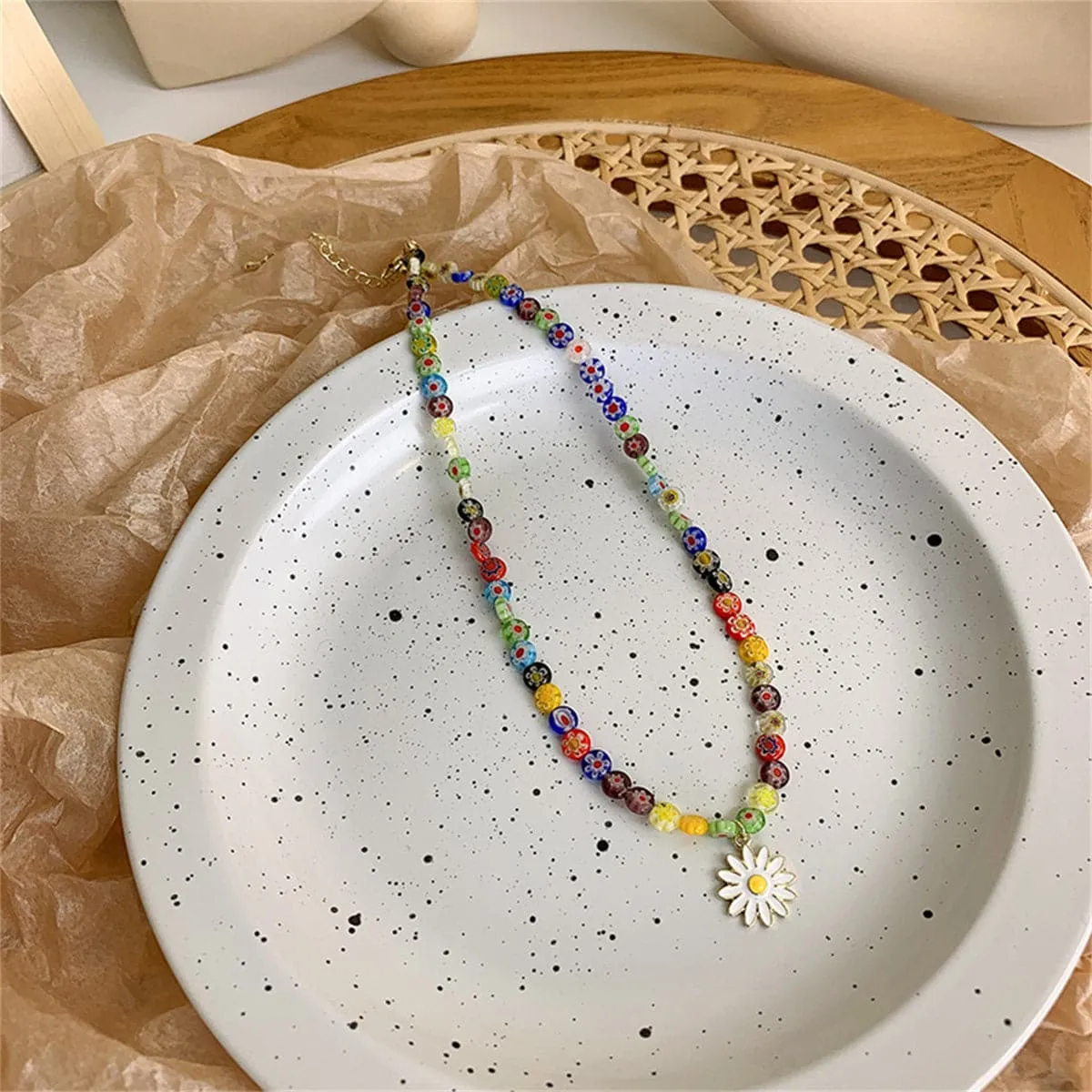 White Enamel & Multicolor Acrylic 18K Gold-Plated Daisy Pendant Beaded Necklace