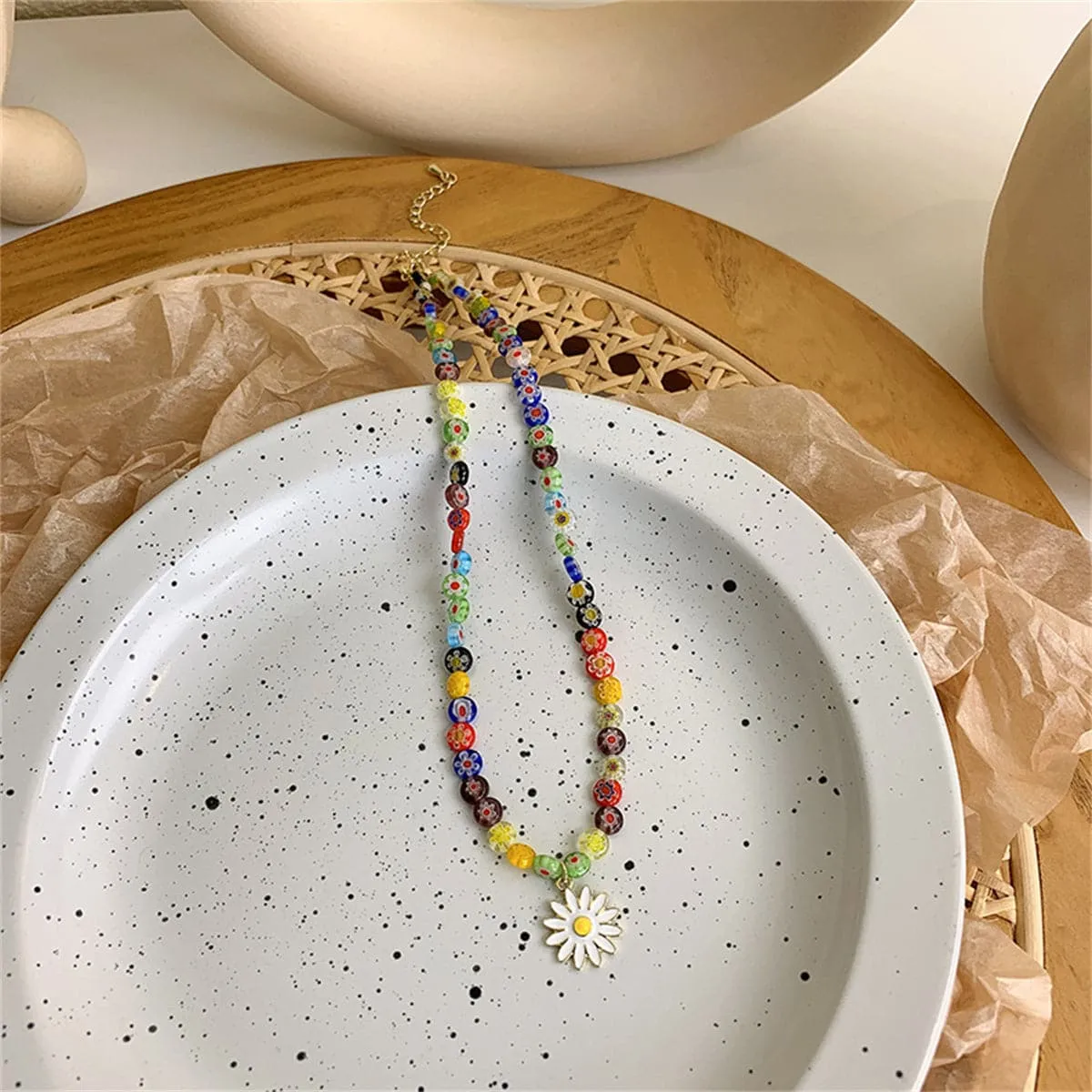 White Enamel & Multicolor Acrylic 18K Gold-Plated Daisy Pendant Beaded Necklace