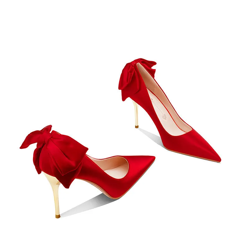 white satin stiletto high-heeled bow pointed bridal wedding shoes
