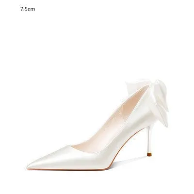 white satin stiletto high-heeled bow pointed bridal wedding shoes