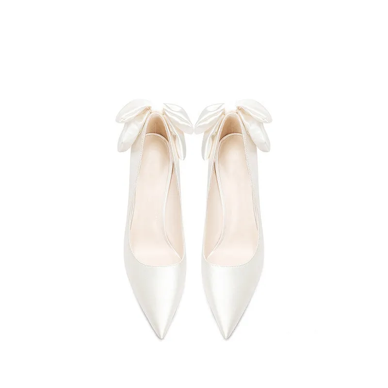 white satin stiletto high-heeled bow pointed bridal wedding shoes