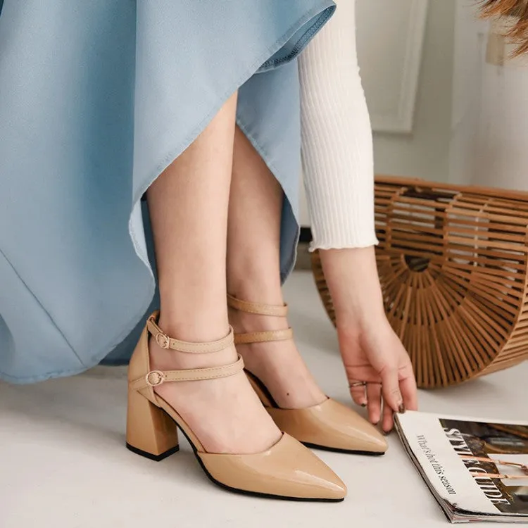 Women Double Straps Pointed Toe Chunky Heels Sandals Shoes MF4220