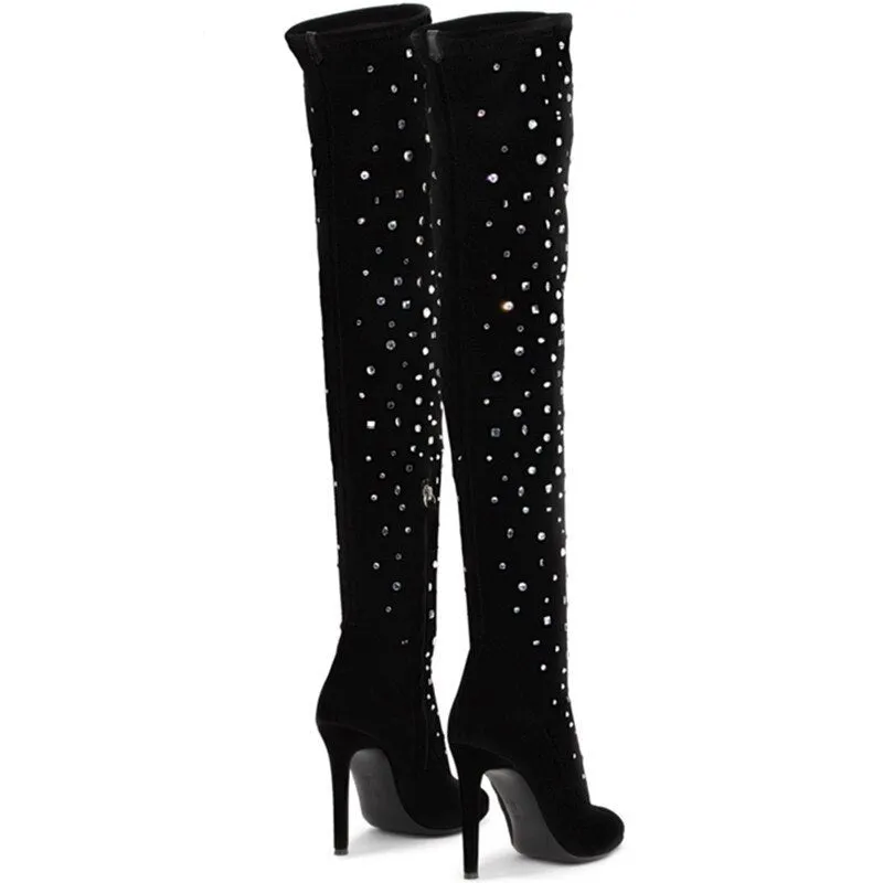 Women High Heels Crystal Zipper Party Boots Pointed Toe