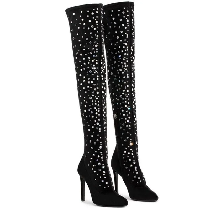Women High Heels Crystal Zipper Party Boots Pointed Toe
