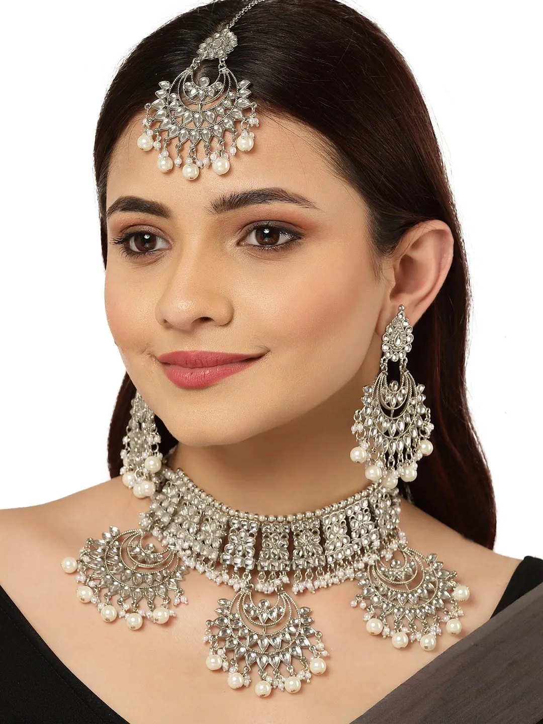 Women Silver-Plated Pearl Beaded Kundan Choker Necklace Set