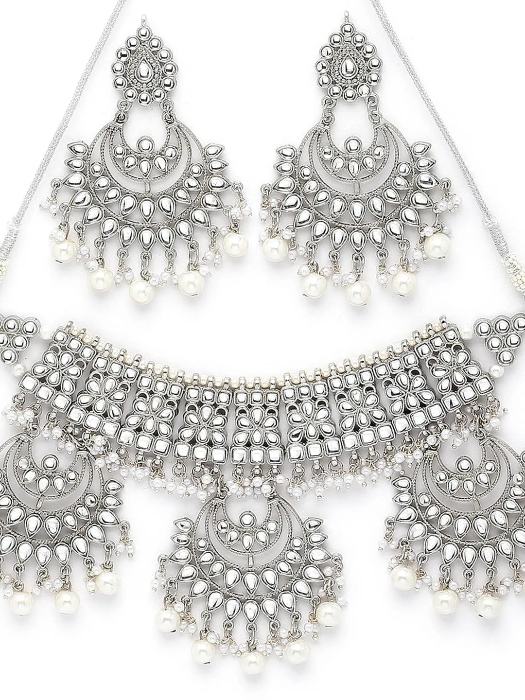 Women Silver-Plated Pearl Beaded Kundan Choker Necklace Set