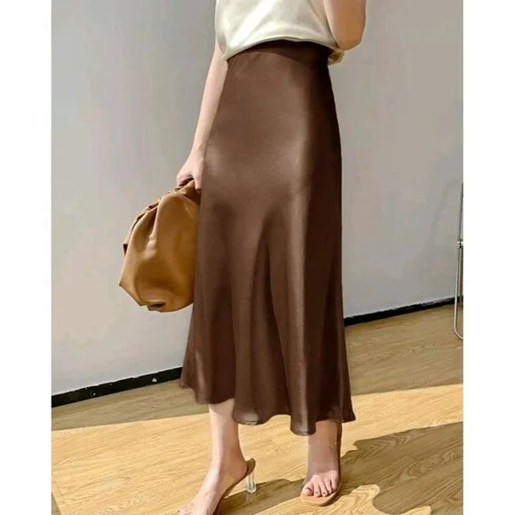 Women's Casual Maxi Long Skirt High Waist Solid A-line Skirt Coffee Brown