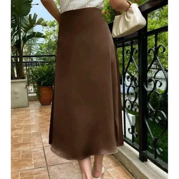 Women's Casual Maxi Long Skirt High Waist Solid A-line Skirt Coffee Brown