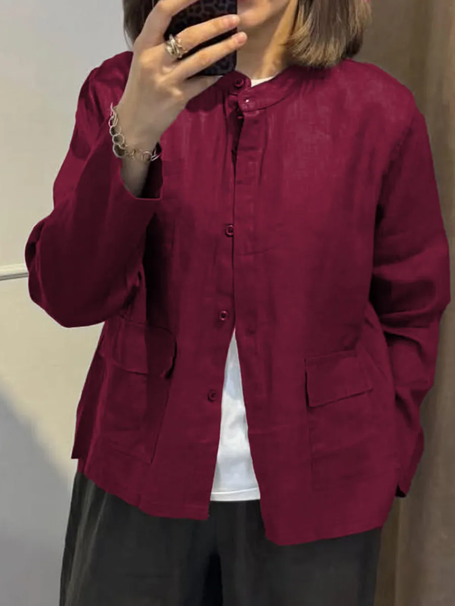 Women's Casual Stand Collar Casual Cotton and Linen Jacket