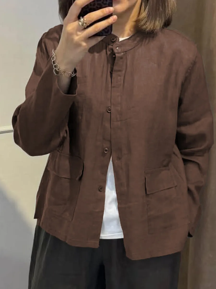 Women's Casual Stand Collar Casual Cotton and Linen Jacket