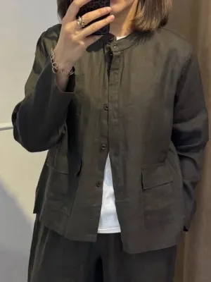 Women's Casual Stand Collar Casual Cotton and Linen Jacket