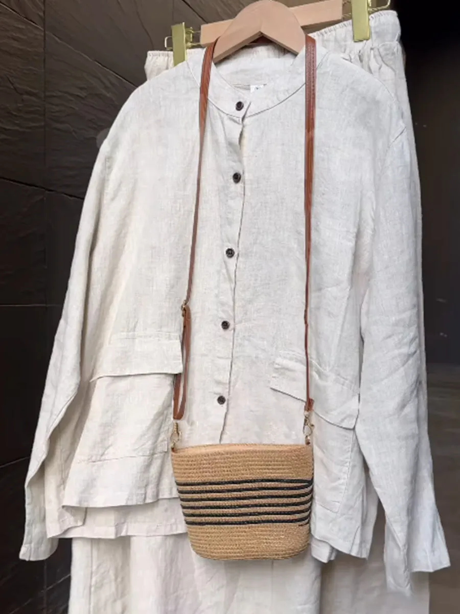 Women's Casual Stand Collar Casual Cotton and Linen Jacket