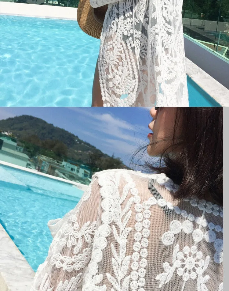 Women's Long Sleeve White Lace Maxi Kimono Cover Up