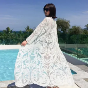 Women's Long Sleeve White Lace Maxi Kimono Cover Up