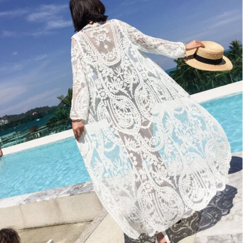 Women's Long Sleeve White Lace Maxi Kimono Cover Up