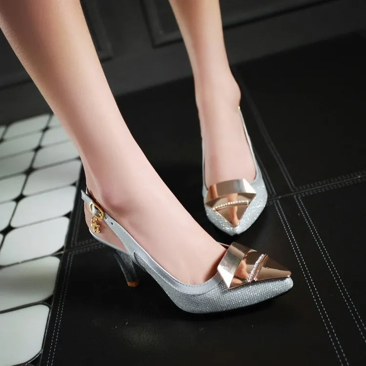 Women's Pointed Toe Metal Decor Buckle Strap Stiletto Heels Sandals