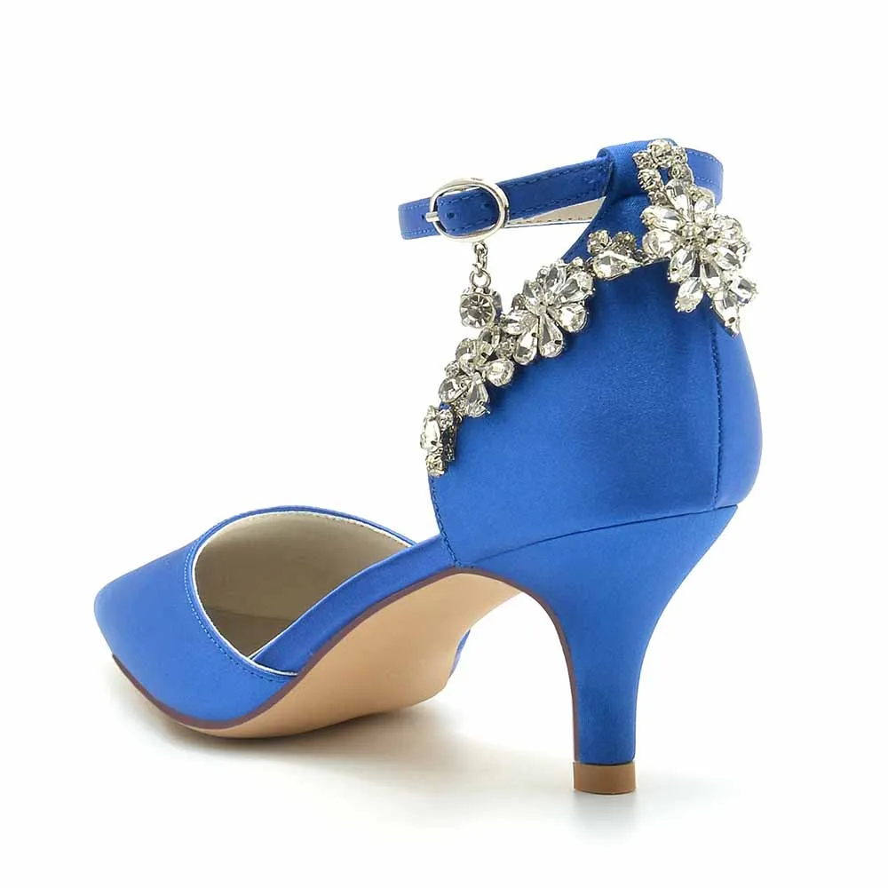 Women's Satin Heels Pointed Toe Bridal Wedding Heels With Crystals