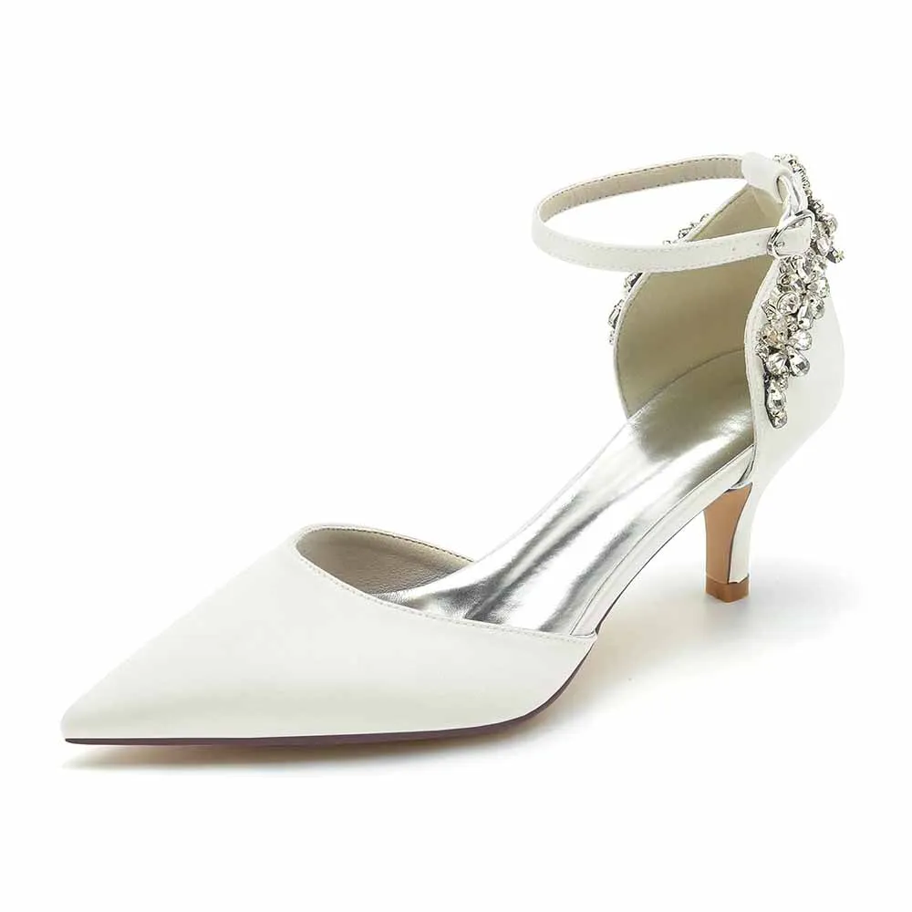 Women's Satin Heels Pointed Toe Bridal Wedding Heels With Crystals
