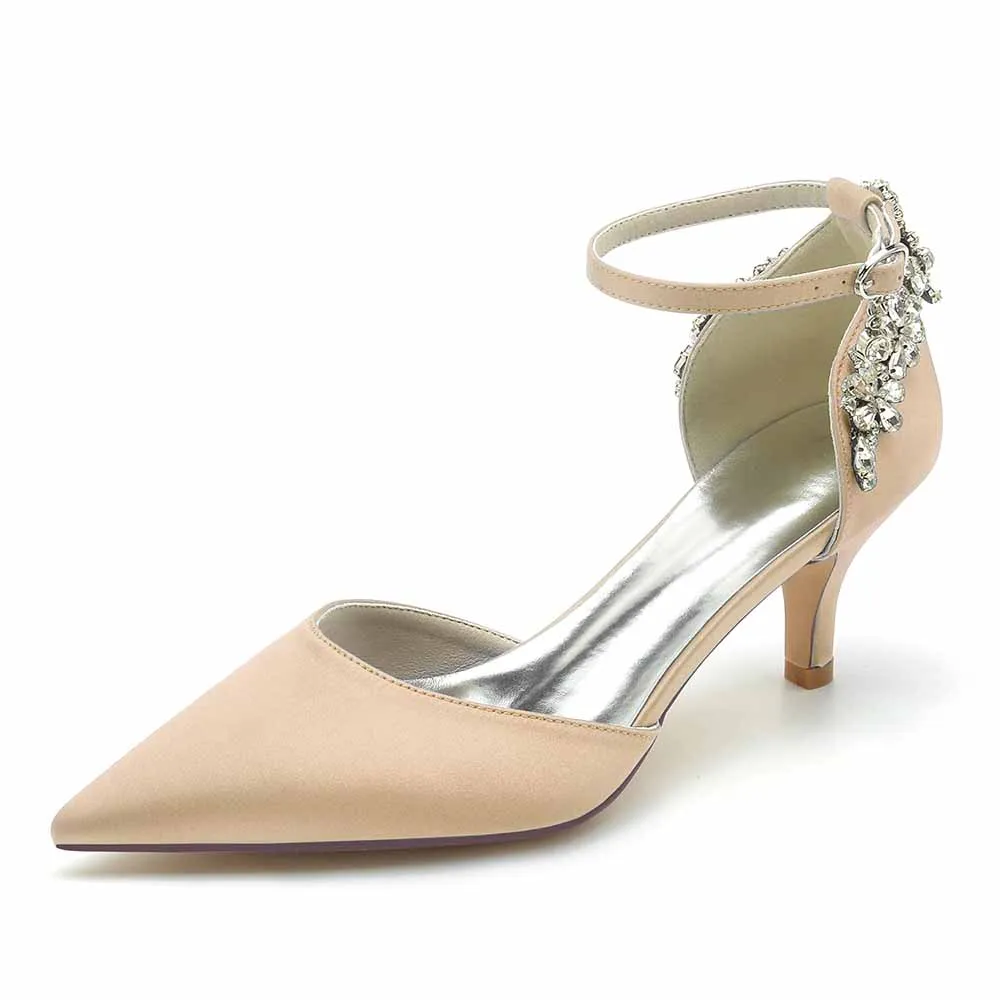 Women's Satin Heels Pointed Toe Bridal Wedding Heels With Crystals