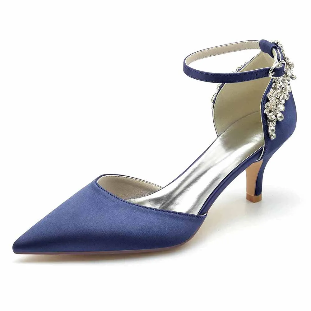 Women's Satin Heels Pointed Toe Bridal Wedding Heels With Crystals