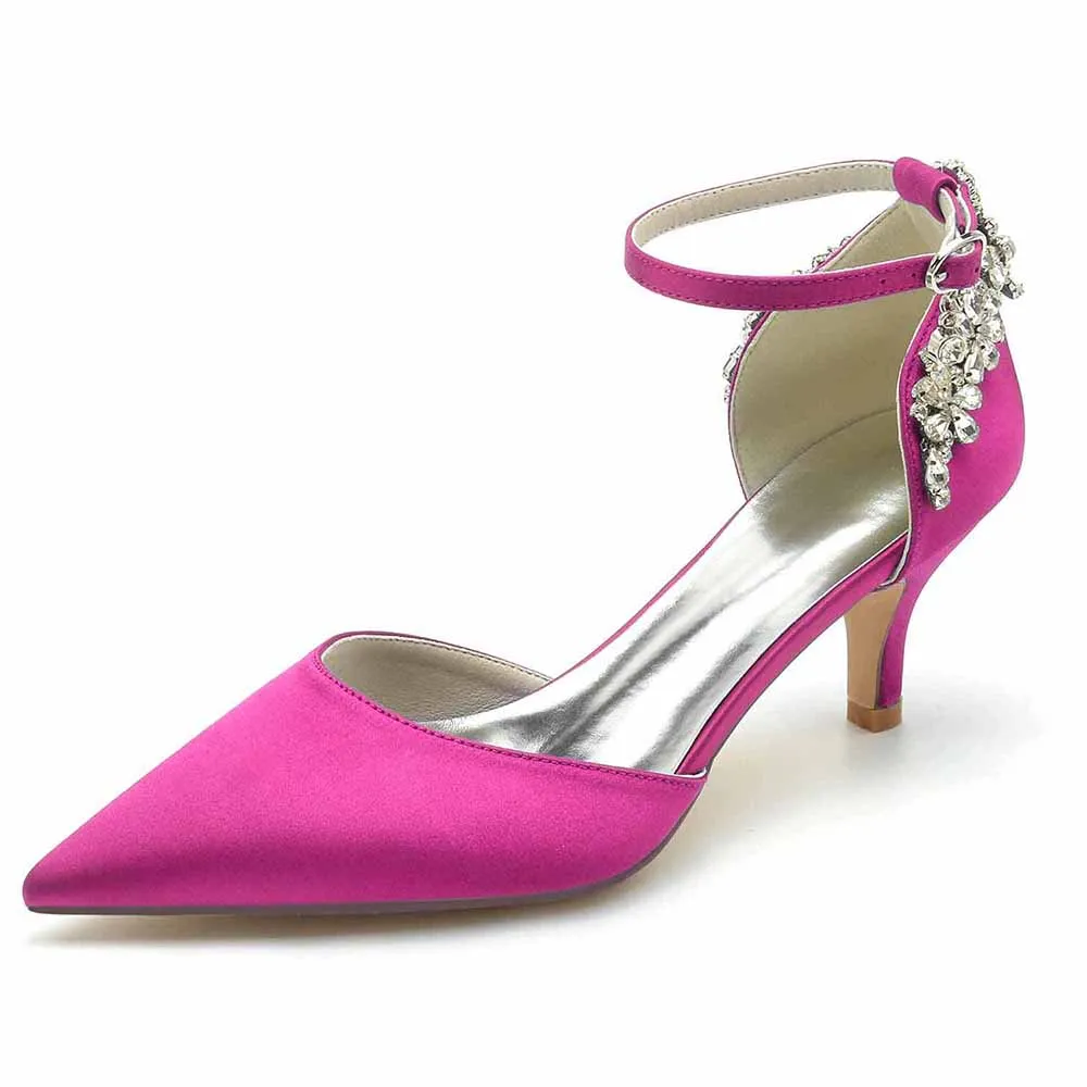 Women's Satin Heels Pointed Toe Bridal Wedding Heels With Crystals