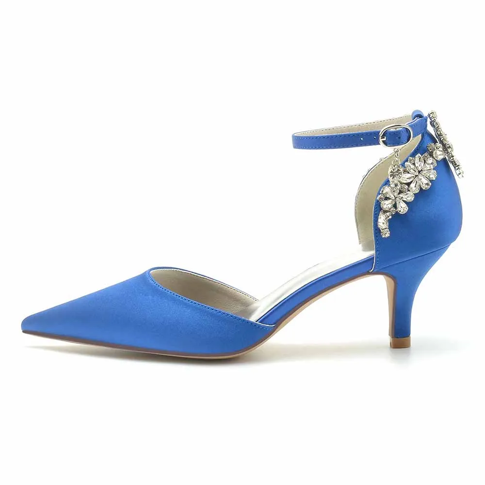 Women's Satin Heels Pointed Toe Bridal Wedding Heels With Crystals