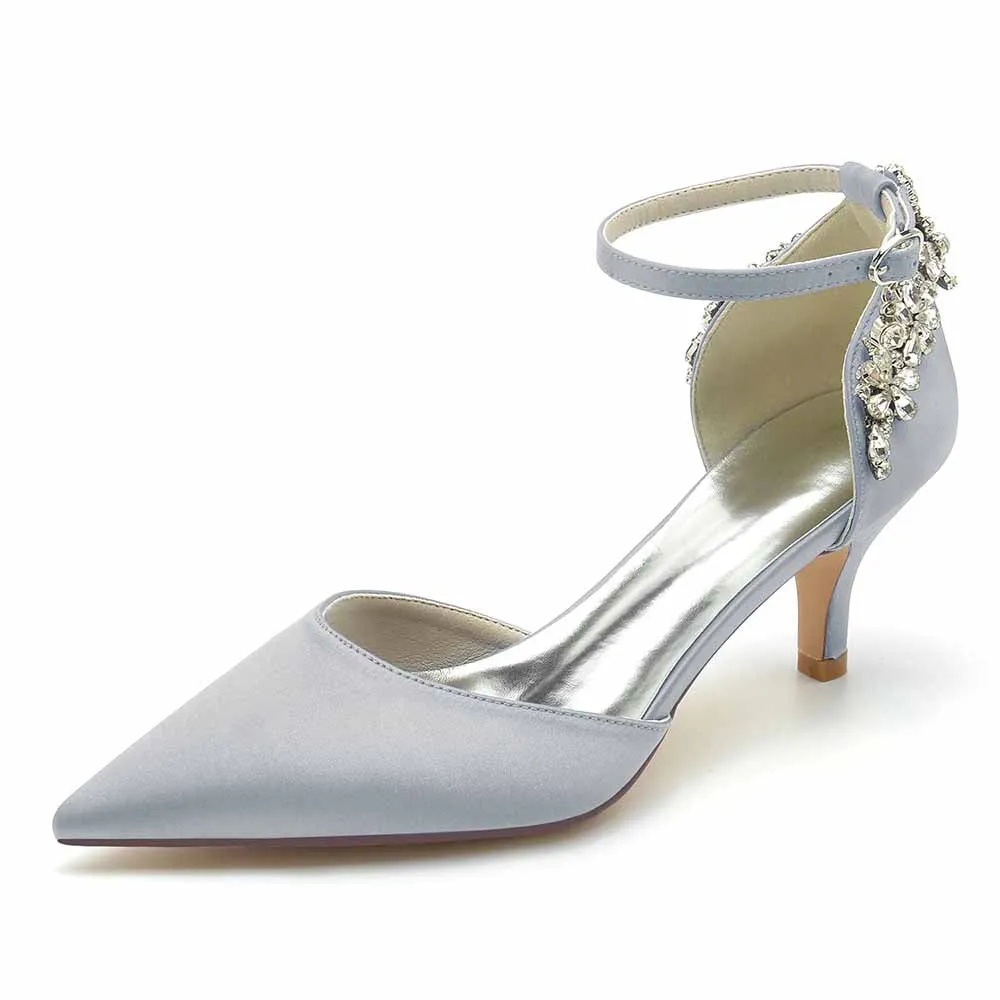 Women's Satin Heels Pointed Toe Bridal Wedding Heels With Crystals