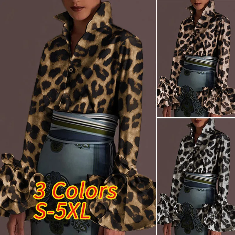 Women's Sexy Turn-down Collar Flare Sleeve Blouse..