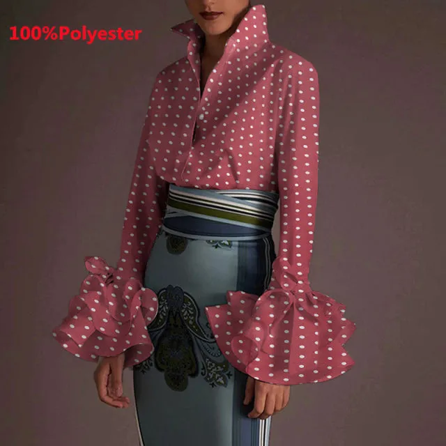 Women's Sexy Turn-down Collar Flare Sleeve Blouse..