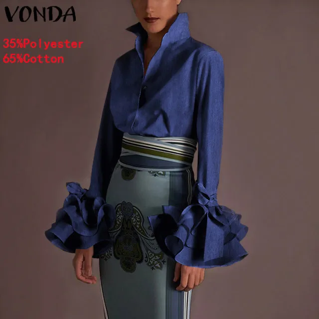 Women's Sexy Turn-down Collar Flare Sleeve Blouse..