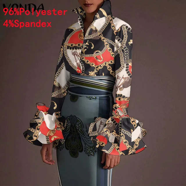 Women's Sexy Turn-down Collar Flare Sleeve Blouse..