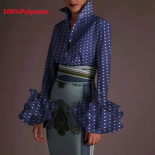Women's Sexy Turn-down Collar Flare Sleeve Blouse..