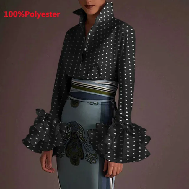 Women's Sexy Turn-down Collar Flare Sleeve Blouse..