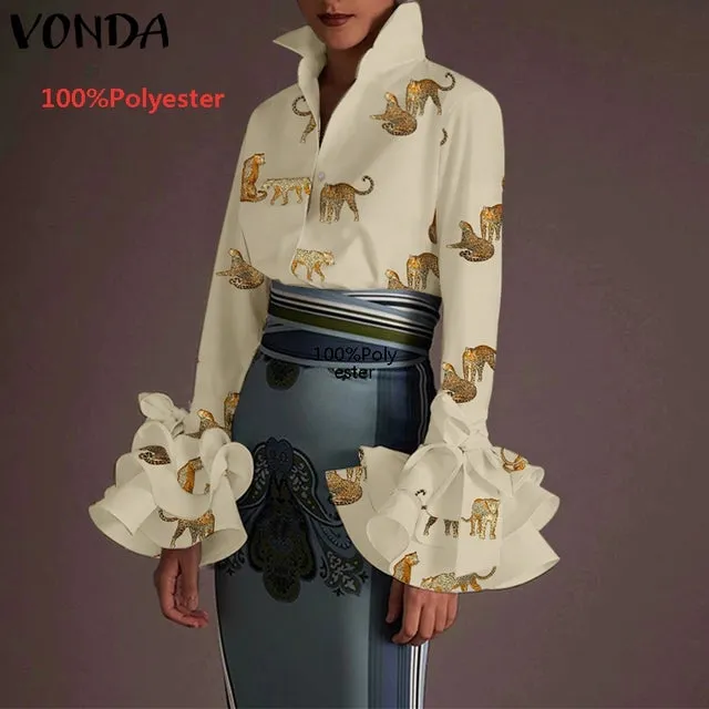 Women's Sexy Turn-down Collar Flare Sleeve Blouse..