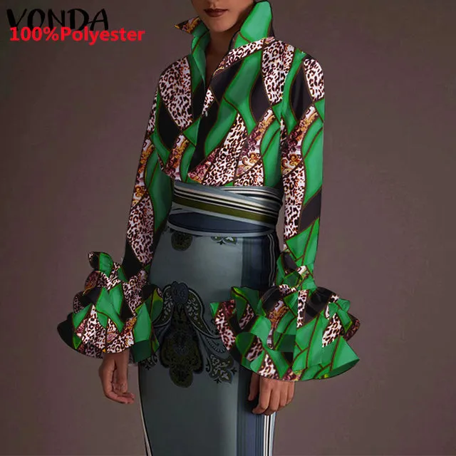 Women's Sexy Turn-down Collar Flare Sleeve Blouse..