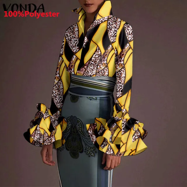 Women's Sexy Turn-down Collar Flare Sleeve Blouse..